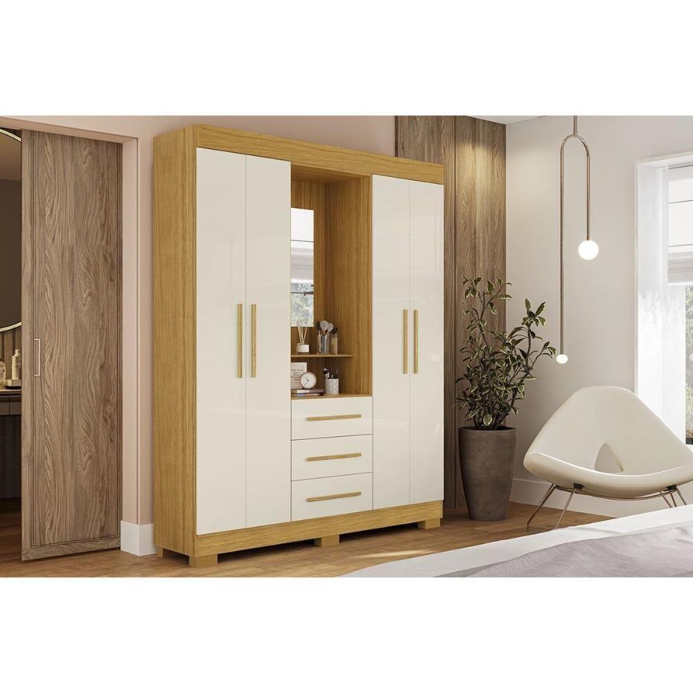 Guarda Roupa Solteiro 4 Portas E 3 Gavetas C/ 1 Espelho Emily Gold Nature/off White - Acp - 1