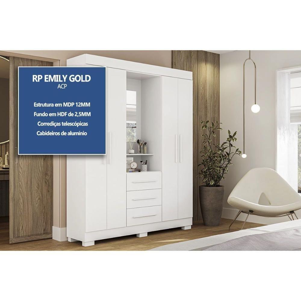 Guarda Roupa Solteiro 4 Portas E 3 Gavetas C/ 1 Espelho Emily Gold Nature/off White - Acp - 2