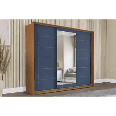 Guarda Roupas 3 Portas De Correr De (1 C/ Espelho) E 4 Gavetas Lisboa Freijo/azul - Politorno