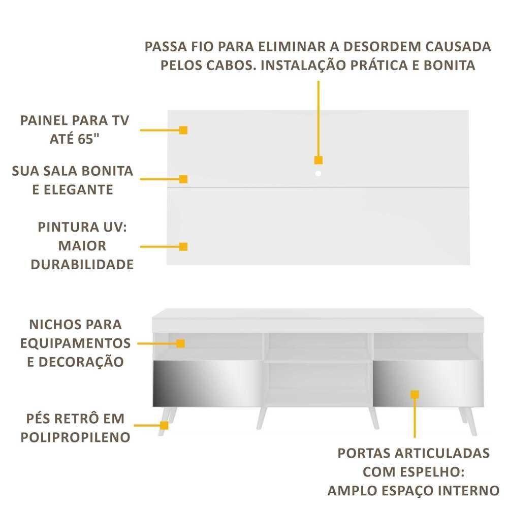 Rack Com Painel Retrô Com Espelho Para Tv Até 65´´ Flórida Fg3138 Branco - 4