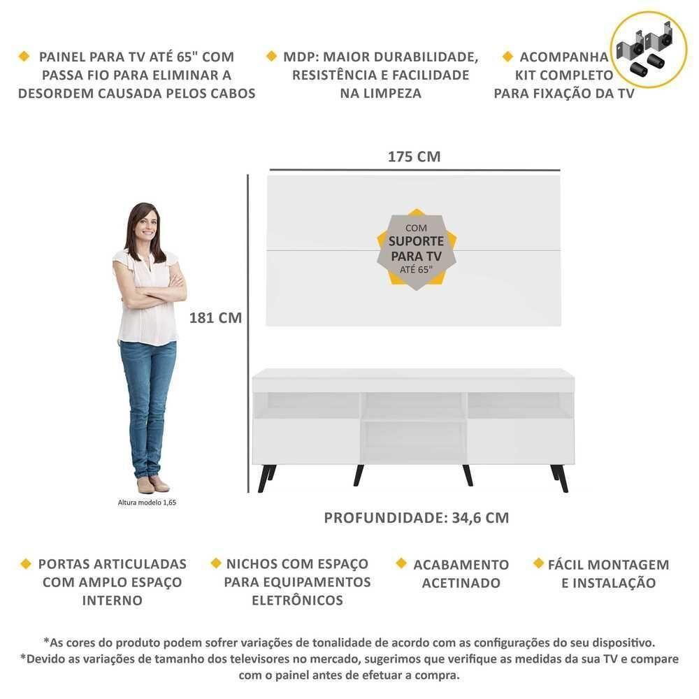 Rack Com Painel E Suporte Tv 65" Retrô Flórida Multimóveis V3134 Branco/Preto Branco/Preto - 6