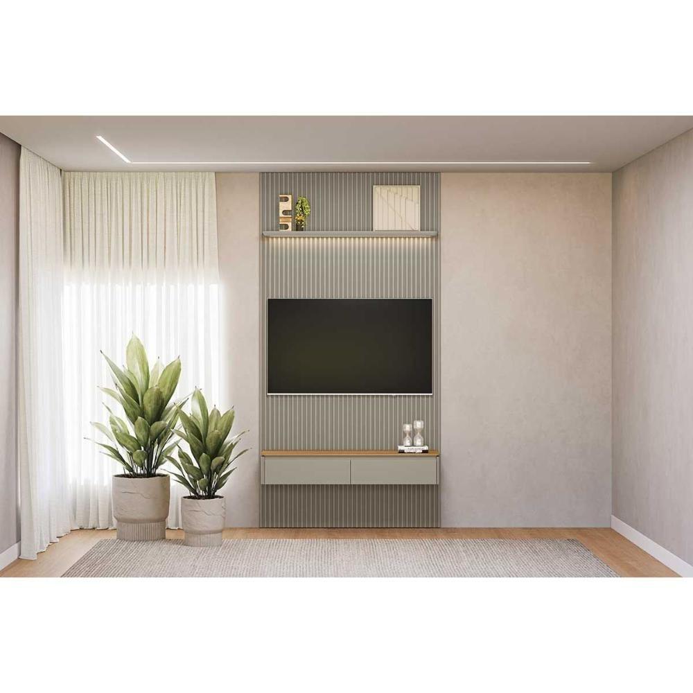 Home P/ Tv Até 60 Pol Modular 1.4 Ripado C/ 2 Portas 1 Prat. 141x250cm Tauari/gris Fosco - Linea Brasil - 1