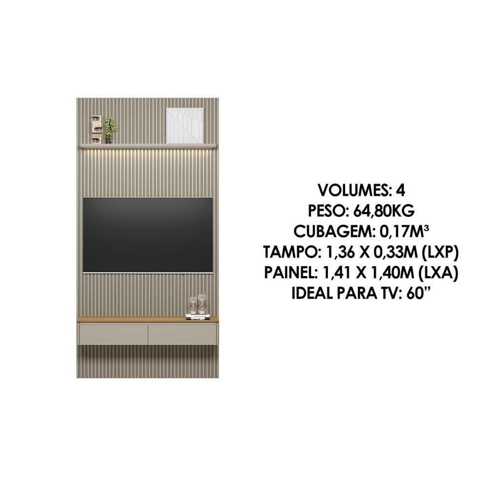 Home P/ Tv Até 60 Pol Modular 1.4 Ripado C/ 2 Portas 1 Prat. 141x250cm Tauari/gris Fosco - Linea Brasil - 4