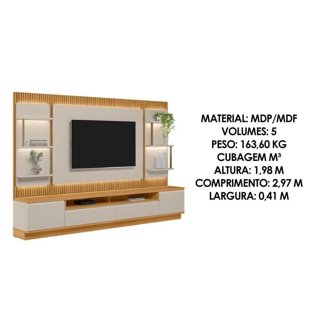 Home P/ Tv Até 70 Pol São Paulo Ripado C/ 4 Gav. 6 Prateleiras E Leds 297x198cm Tauari/off White Fosco - Linea Brasil - 3
