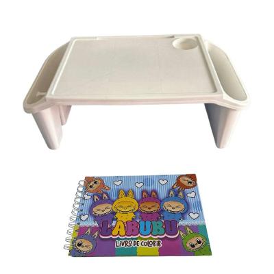 Mesa Apoio Infantil + Livro De Capa Dura – 48 Páginas Para Colorir, Criar E Aprender Bandeja Branca Lobubu Rosa