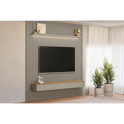 Rack Bancada C/ Painel P/ Tv Até 90 Pol Modular 2.6 Ripado 2 Portas 1 Prat. 258x250cm Tauari/gris Fosco - Linea Brasil