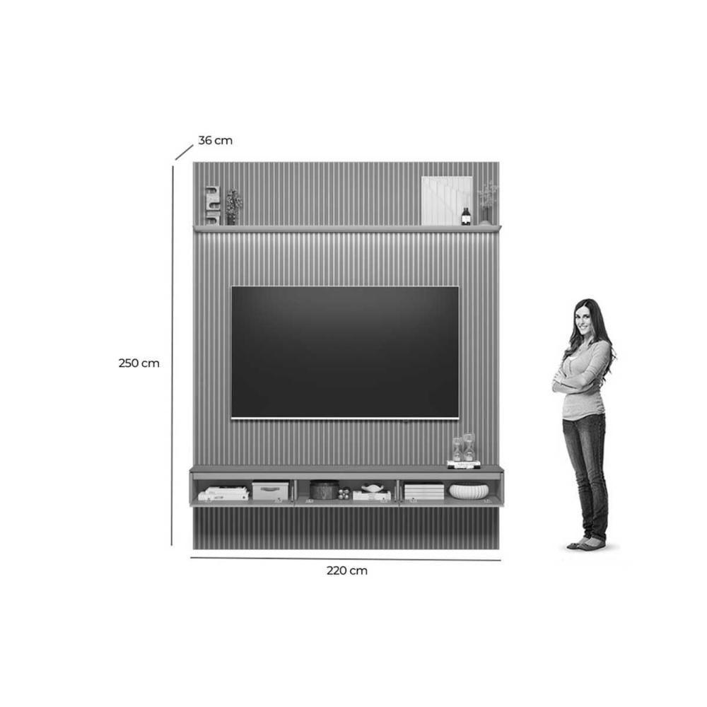 Rack Bancada C/ Painel P/ Tv Até 85 Pol Modular 2.2 Ripado 2 Portas 1 Prat. 219x250cm Tauari/gris Fosco - Linea Brasil - 9