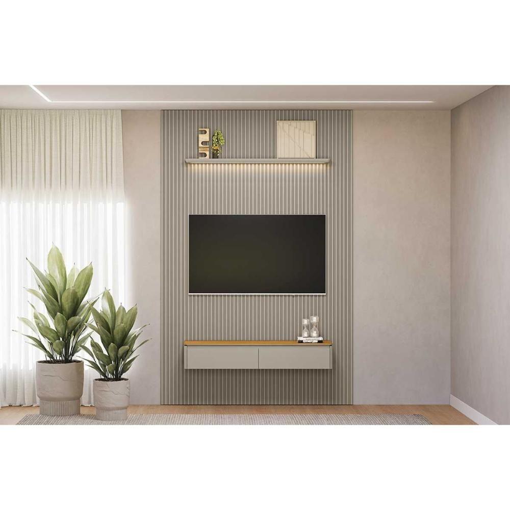 Rack Bancada C/ Painel P/ Tv Até 75 Pol Modular 1.8 Ripado 2 Portas 1 Prat. 180x250cm Tauari/gris Fosco - Linea Brasil - 1