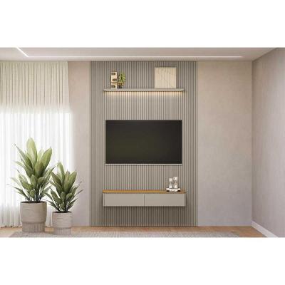 Rack Bancada C/ Painel P/ Tv Até 75 Pol Modular 1.8 Ripado 2 Portas 1 Prat. 180x250cm Tauari/gris Fosco - Linea Brasil