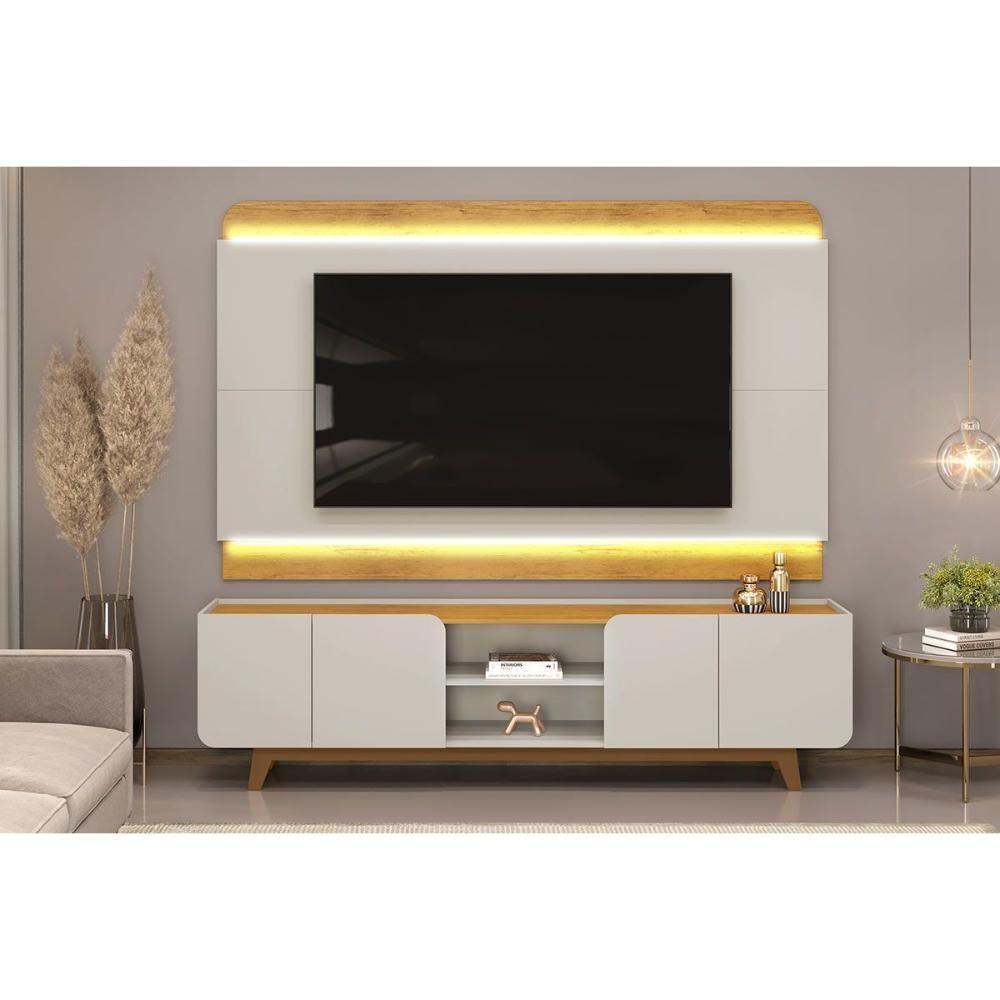 Rack Bancada C/ Painel P/ Tv Até 75 Pol Nadine 4 Portas 220x605cm Off White/freijó - Dj Móveis - 1