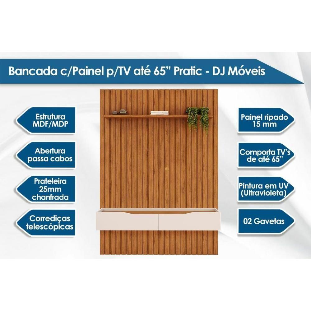 Rack Bancada C/ Painel P/ Tv Até 65 Pol Pratic Ripado 2 Gavetas 183x240cm Bali - Dj Móveis - 2