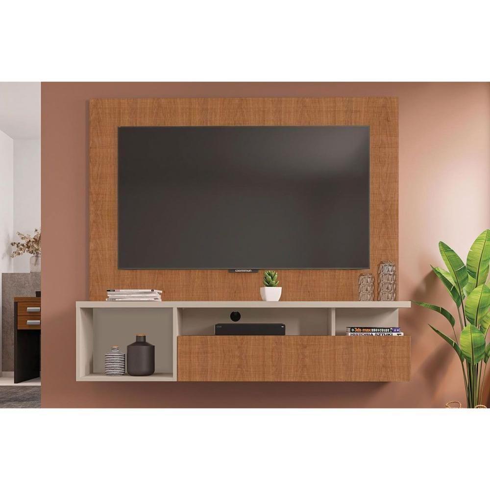 Rack Bancada C/ Painel P/ Tv Até 55 Pol Brasil Nichos 136x122cm Freijo/off White - Caemmun - 1