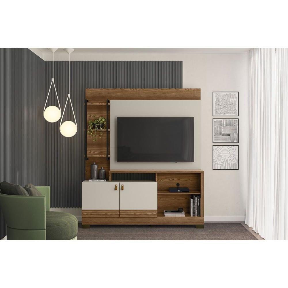 Rack Bancada C/ Painel P/ Tv Até 50 Pol Alagoas 2 Portas E 5 Prateleiras 187x160cm Nature/off White - Linea Brasil - 2