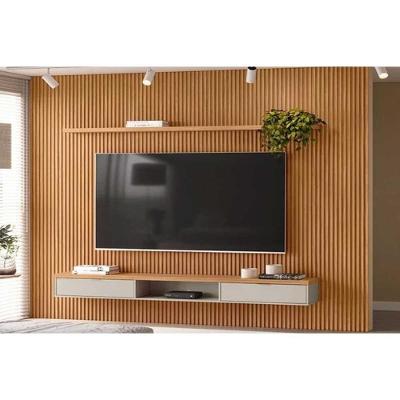 Rack Bancada C/ Painel P/ Tv Até 100 Pol Modular 3.0 Ripado 2 Portas 1 Prat. 297x250cm Nature/off White - Linea Brasil