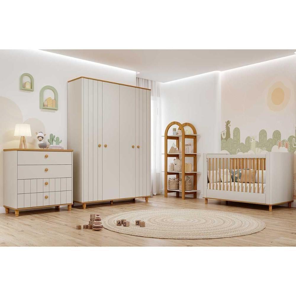 Quarto Infantil Completo Cupcake 4 Peças (guarda Roupa+cômoda+berço+estante) Qi103 Off White/nature - Permóbili Baby - 1