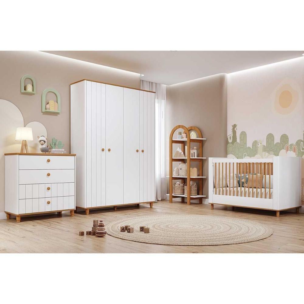 Quarto Infantil Completo Cupcake 4 Peças (guarda Roupa+cômoda+berço+estante) Qi103 Branco/nature - Permóbili Baby - 1