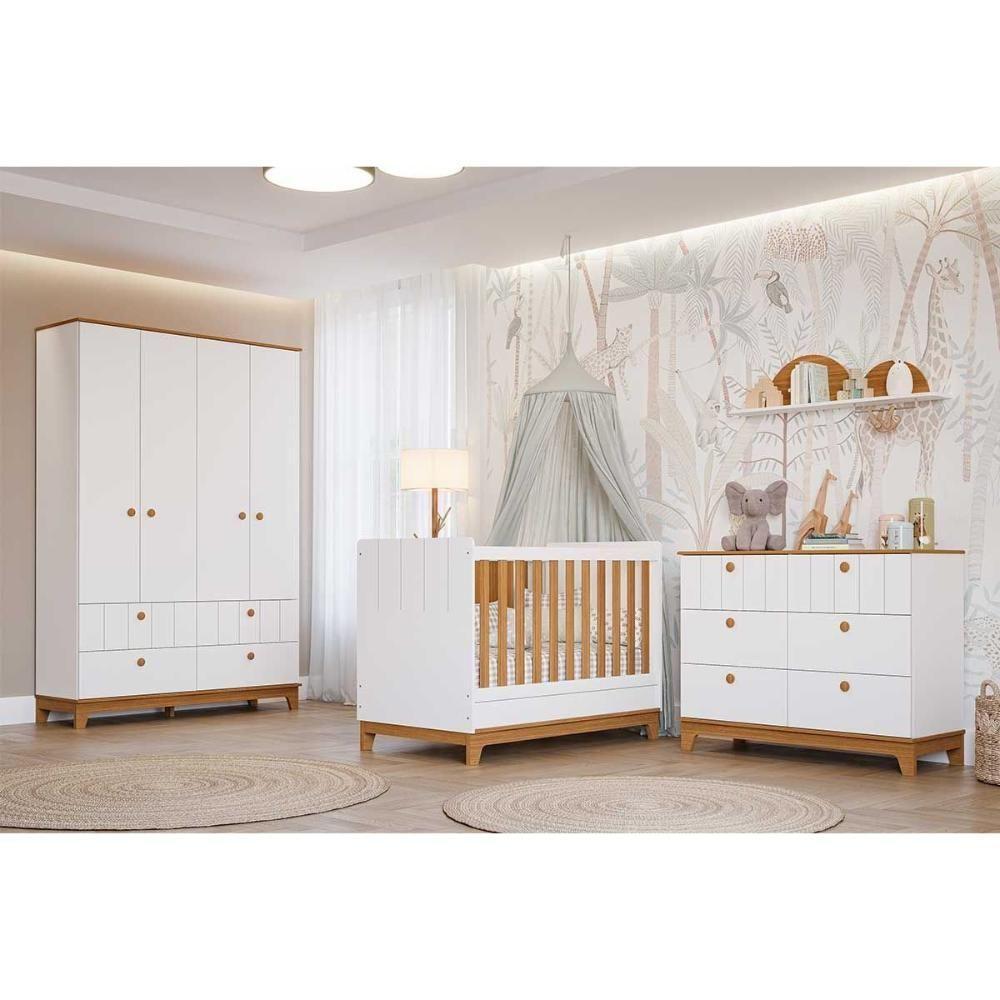 Quarto Infantil Completo Biscoito 3 Peças (guarda Roupa+berço+cômoda) Qi106 Branco/nature - Permóbili Baby - 1