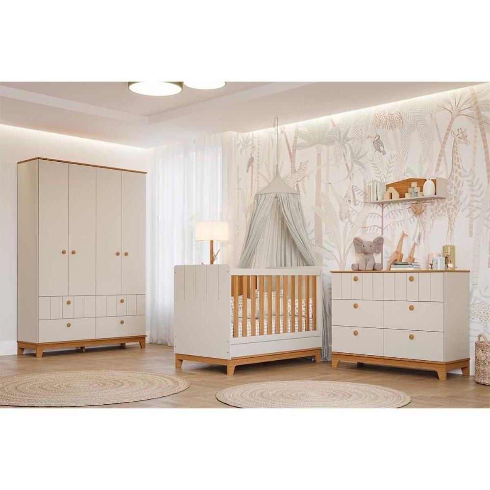 Quarto Infantil Completo Biscoito 3 Peças (guarda Roupa+berço+cômoda) Qi106 Off White/nature - Permóbili Baby - 1