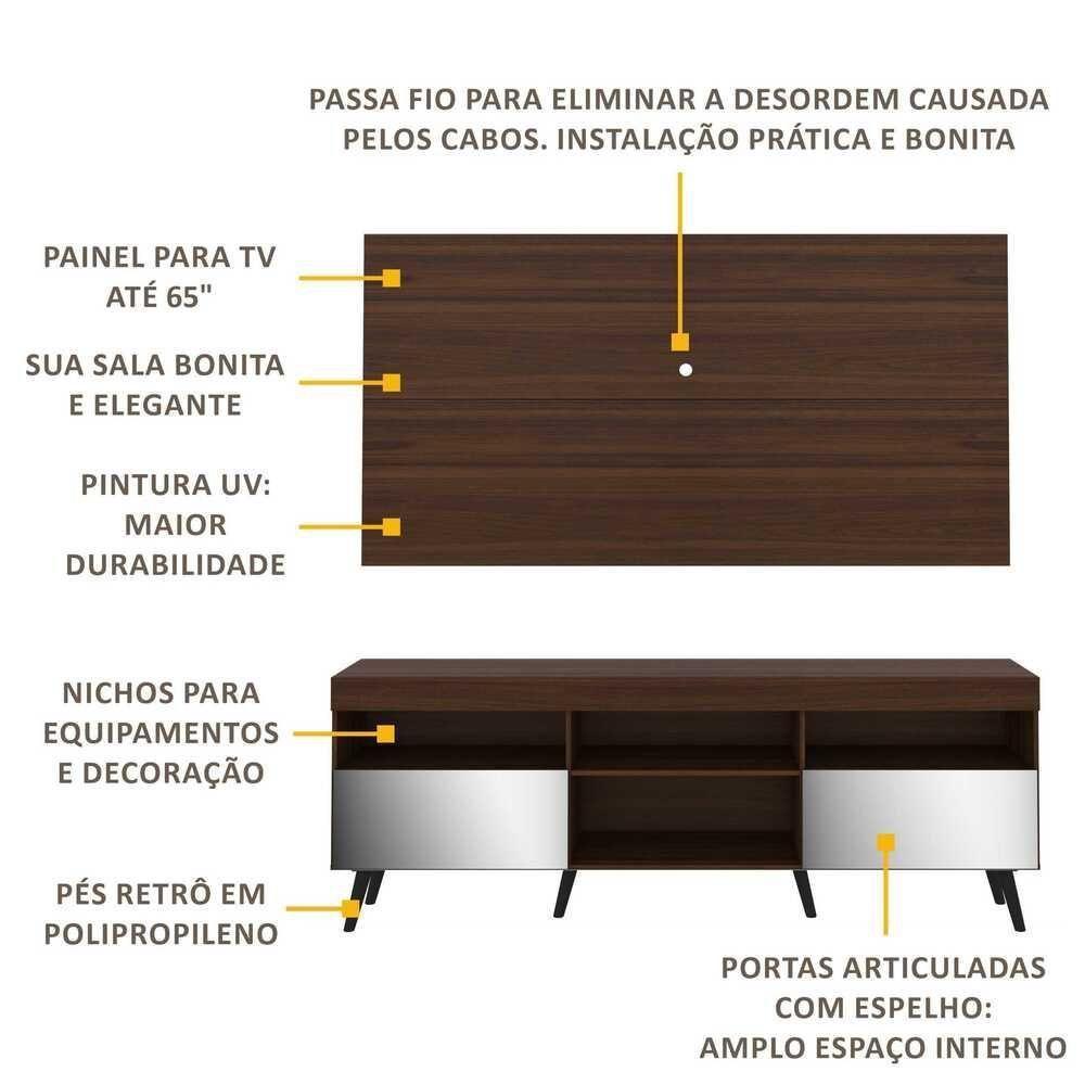 Rack Com Painel Retrô Com Espelho Para Tv Até 65´´ Flórida Fg3138 Madeirado/preto - 7