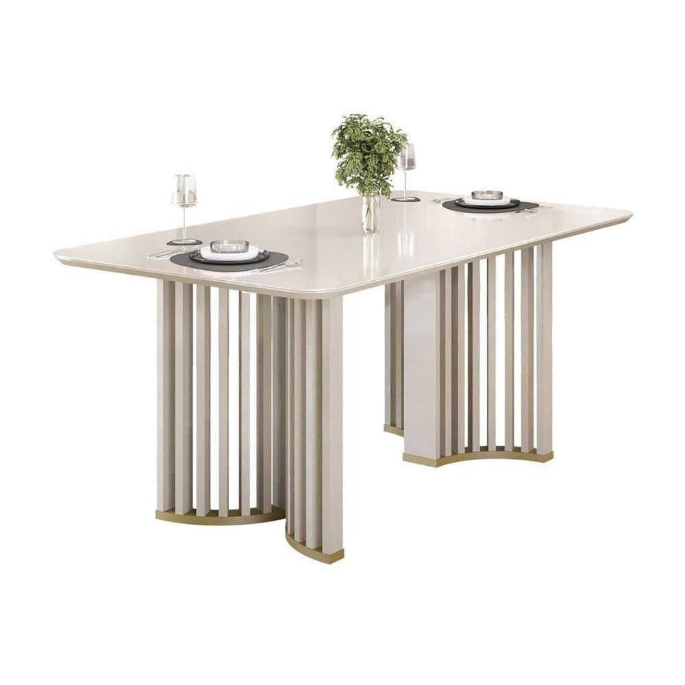 Mesa De Sala Jantar Luma C/ Tampo Madeirado C/ Vidro Curvo 170x90cm Off White/off White - Dj Móveis - 1