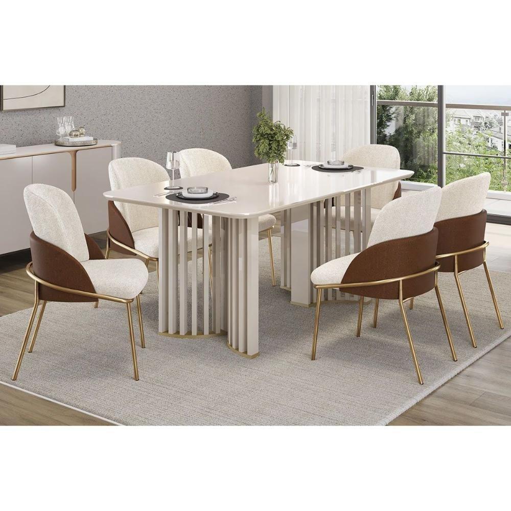 Mesa De Sala Jantar Luma C/ Tampo Madeirado C/ Vidro Curvo 170x90cm Off White/off White - Dj Móveis - 3