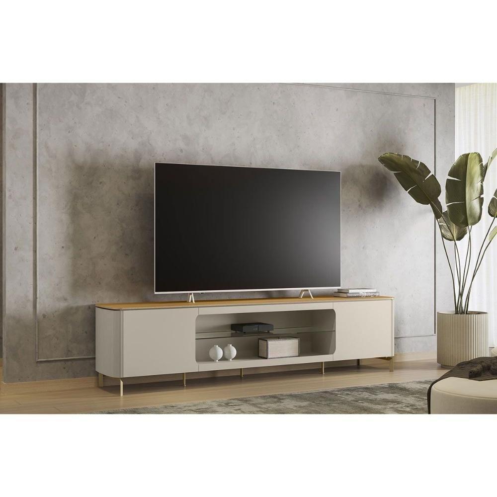 Rack Bancada P/ Tv Até 85 Pol Santorini Organico 2 Ptas 1 Prat Vidro 239x59cm Tauari/off White Fosco - Linea Brasil - 1