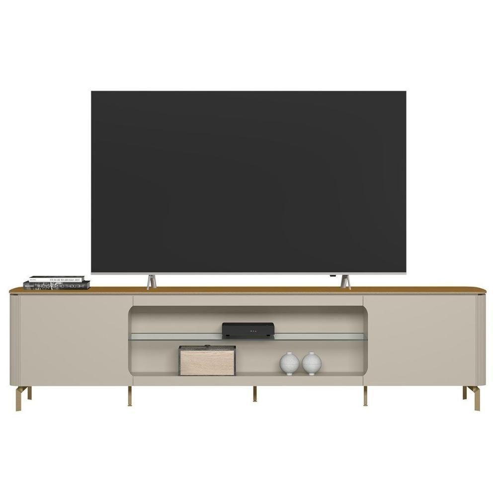 Rack Bancada P/ Tv Até 85 Pol Santorini Organico 2 Ptas 1 Prat Vidro 239x59cm Tauari/off White Fosco - Linea Brasil - 4