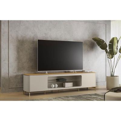 Rack Bancada P/ Tv Até 85 Pol Santorini Organico 2 Ptas 1 Prat Vidro 239x59cm Tauari/off White Fosco - Linea Brasil