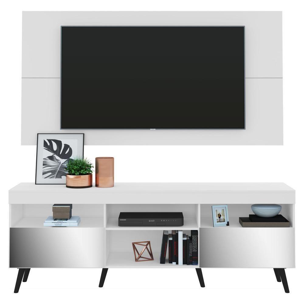 Rack Com Painel E Suporte Tv 65" Retrô Com Espelho Flórida Multimóveis V3142 Branco/Preto - 1