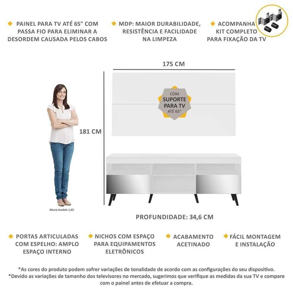 Rack Com Painel E Suporte Tv 65" Retrô Com Espelho Flórida Multimóveis V3142 Branco/Preto - 6
