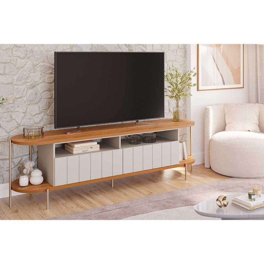 Rack Bancada P/ Tv Até 70 Pol Mônaco 2.0 Ripado C/ 1 Porta E 1 Gaveta 204cm Cinamomo/off White - Permóbili - 1
