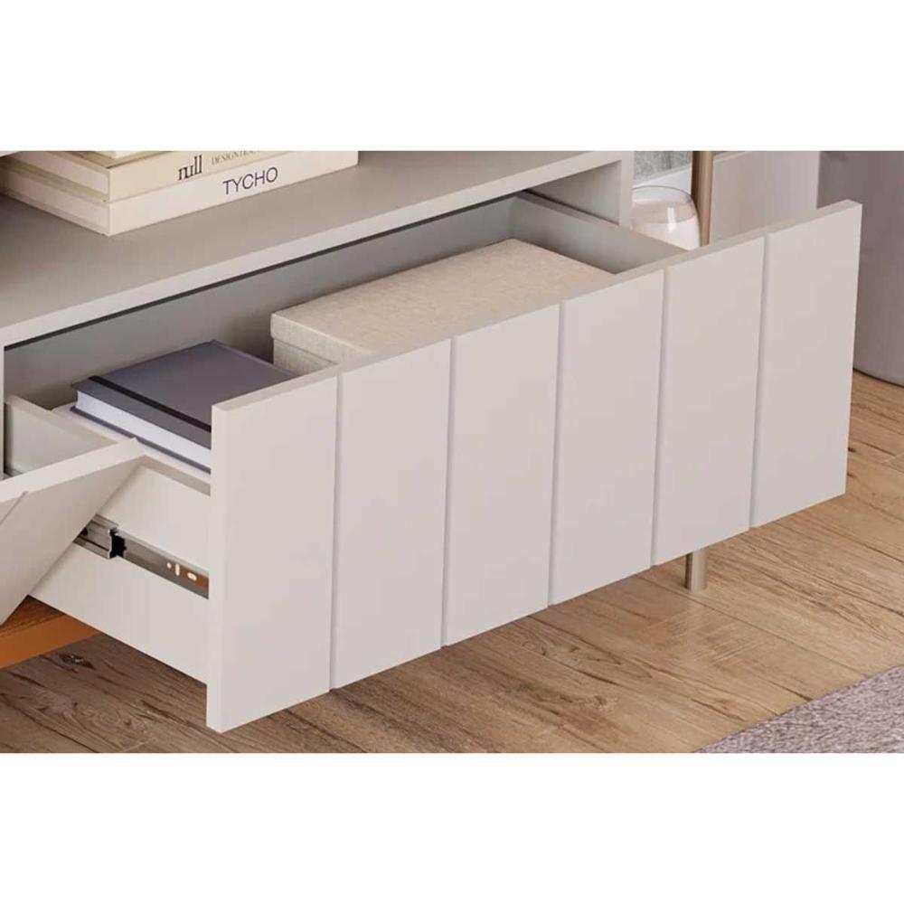 Rack Bancada P/ Tv Até 70 Pol Mônaco 2.0 Ripado C/ 1 Porta E 1 Gaveta 204cm Cinamomo/off White - Permóbili - 3