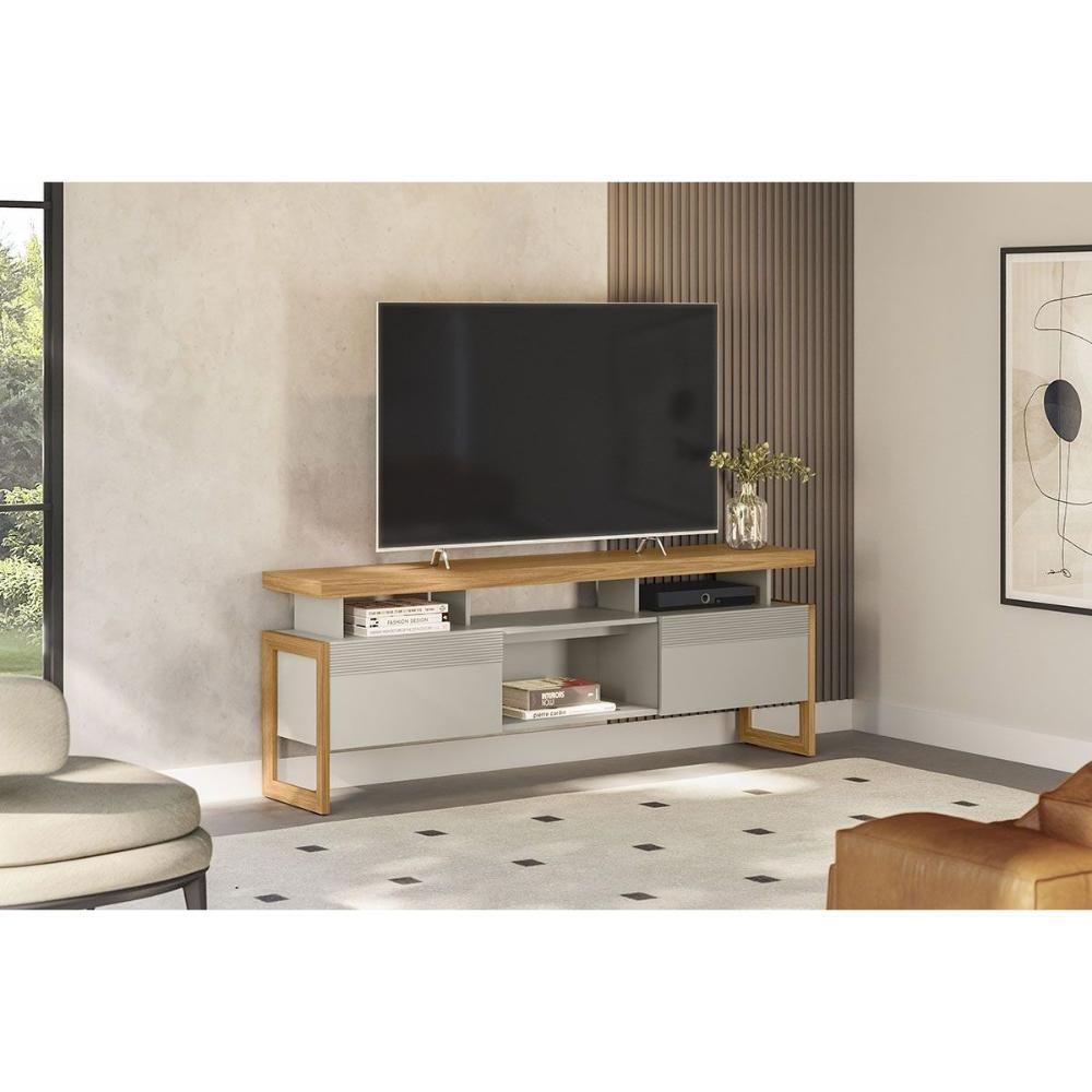 Rack Bancada P/ Tv Até 70 Pol Esmeralda C/ 2 Portas E 3 Nichos 180cm Nature/off White - Linea Brasil - 5