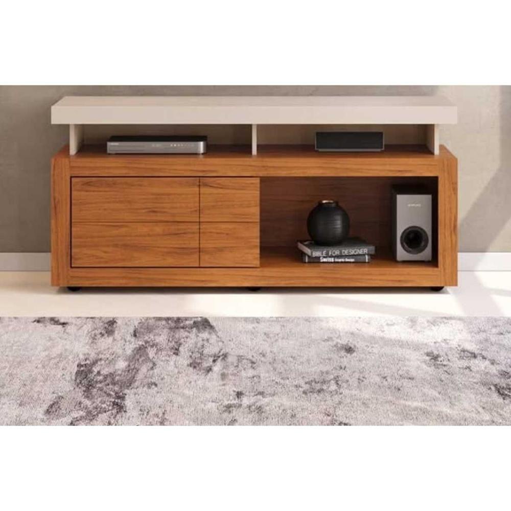 Rack Bancada P/ Tv Até 50 Pol Verano C/ 1 Porta E Rodízios 136cm Off White/freijó - Dj Móveis - 1