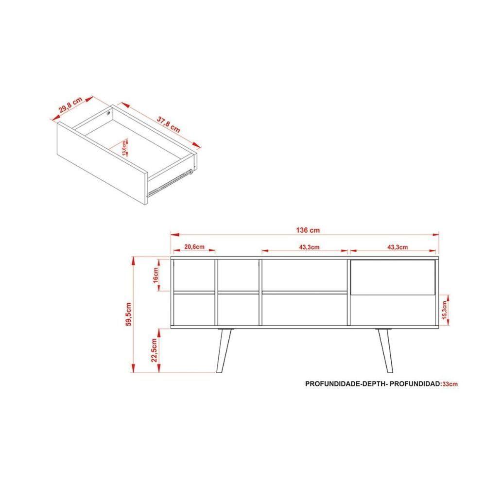 Rack Bancada P/ Tv Até 50 Pol R1462 C/ 1 Gaveta E 7 Nichos 136cm Amêndoa - Tecno Mobili - 5