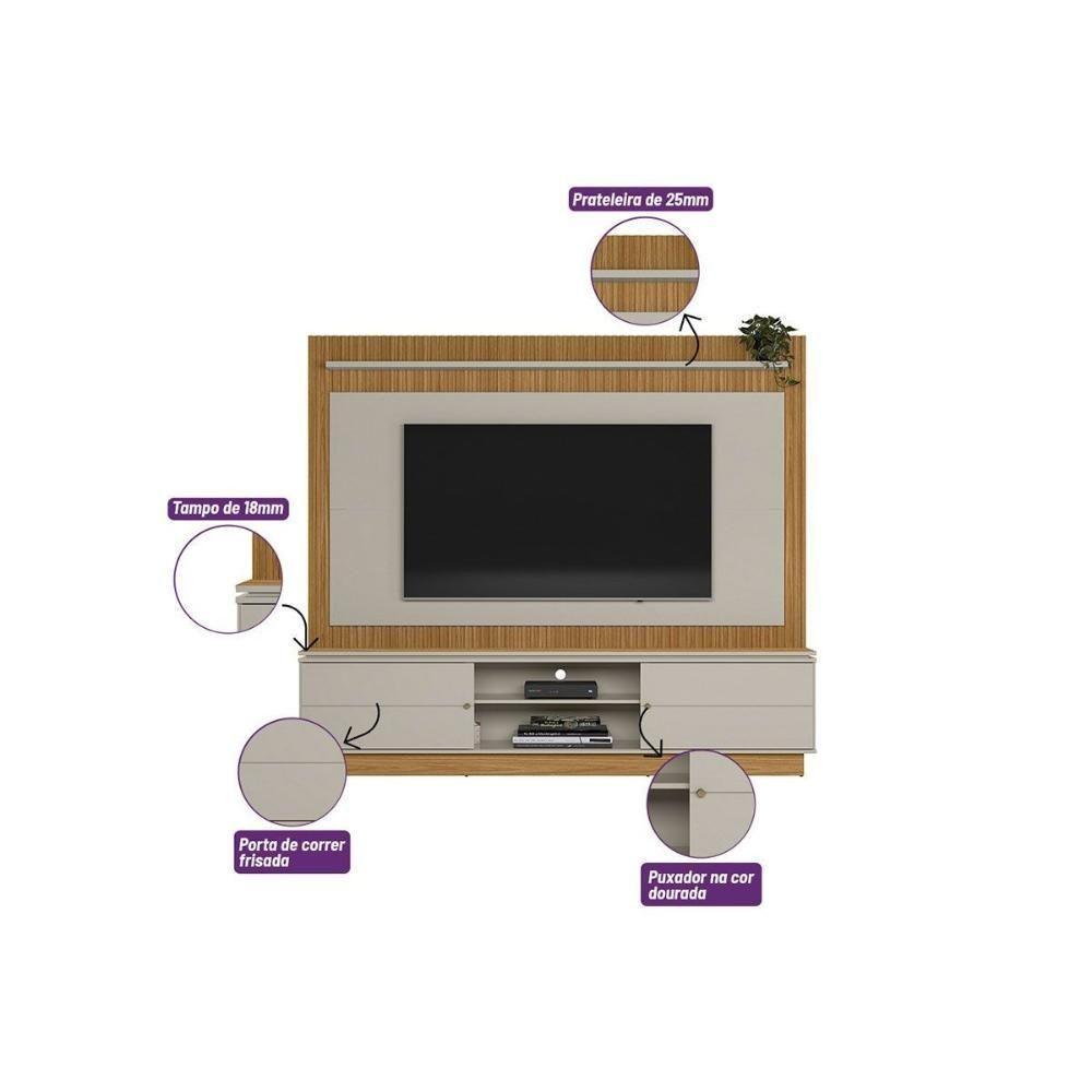 Rack Bancada C/ Painel P/ Tv Até 75 Pol Guararapes 2 Portas E 2 Prateleiras 191x215cm Nature/off White - Linea Brasil - 9