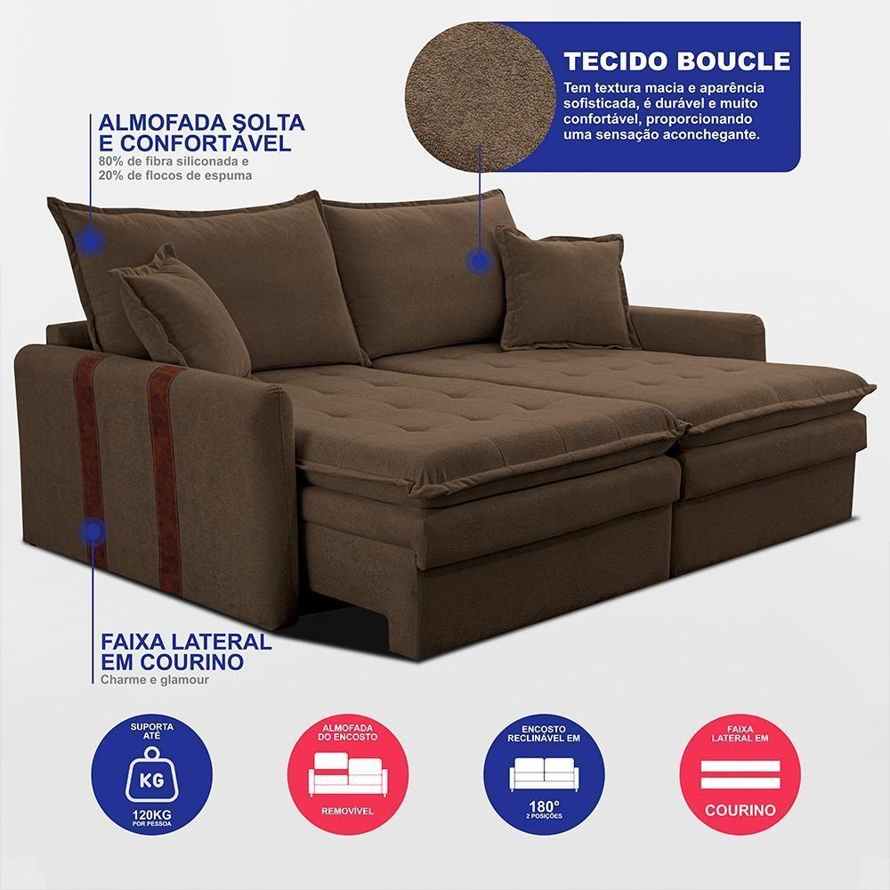 Sofá Sem Caixa Retrátil 1,80m Soft Bonnie Boucle Cama Inbox Marrom - 3