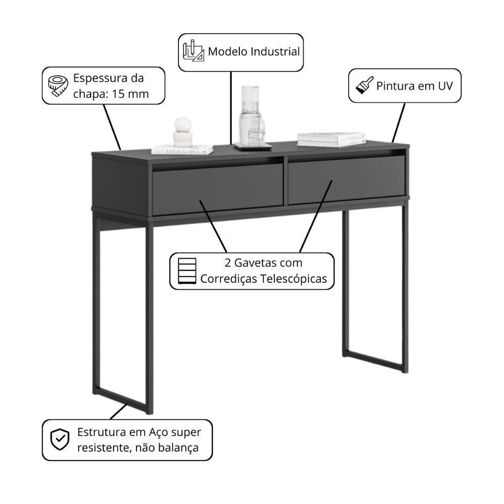 Aparador Moderno Estilo Industrial Com Base Metal 2 Gavetas - Preto Preto - 2