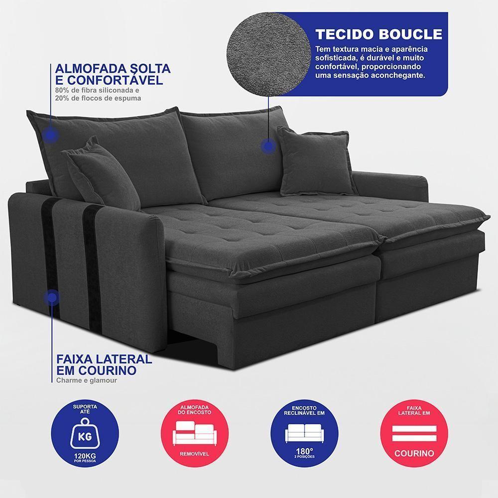 Sofá Sem Caixa Retrátil 2,00m Soft Bonnie Boucle Cama Inbox Cinza Escuro - 3