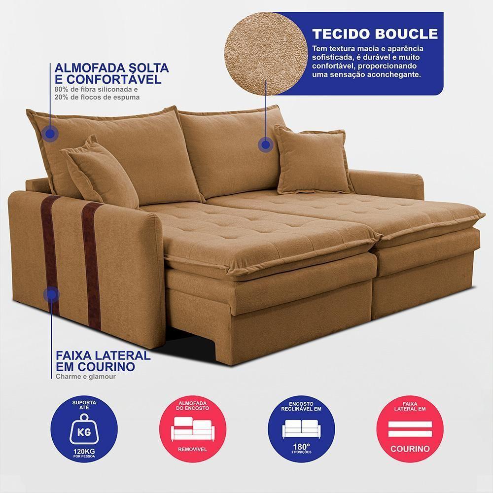 Sofá Sem Caixa Retrátil 1,80m Soft Bonnie Boucle Cama Inbox Caramelo. - 3