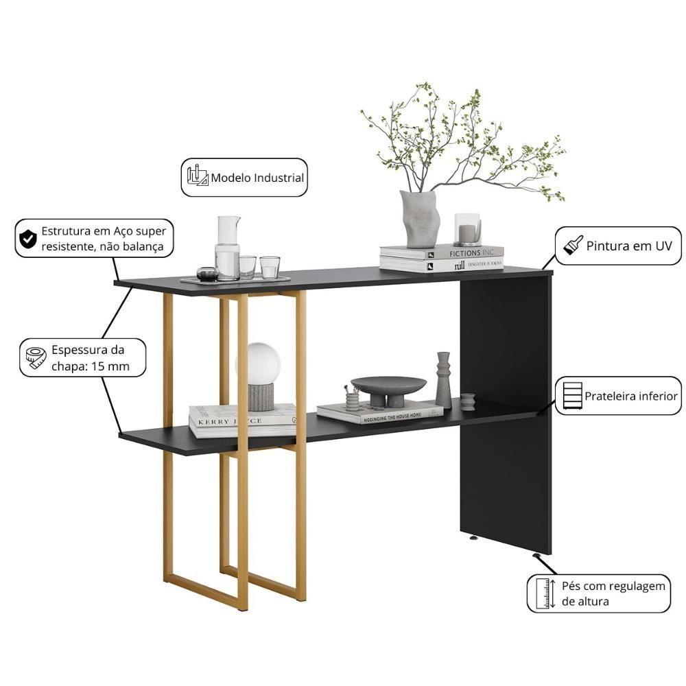 Aparador Para Sala Estar 2 Prateleiras Mexico Preto Dourado - 2