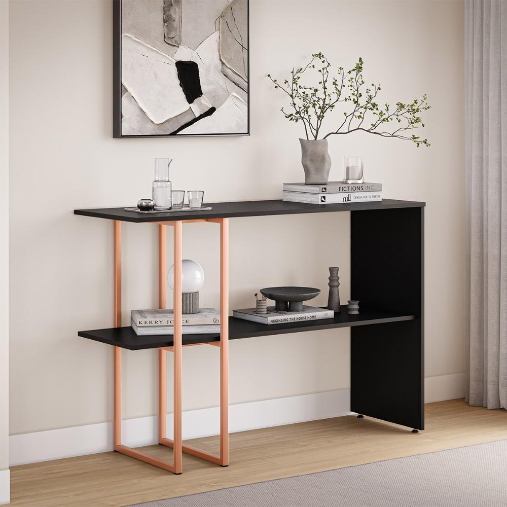 Aparador Para Sala Estar 2 Prateleiras Mexico Preto Cobre - 1