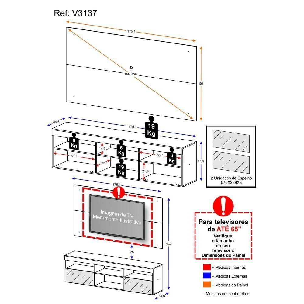 Rack Com Painel Tv 65" E Espelho Flórida Multimóveis V3137 Duna Duna - 6
