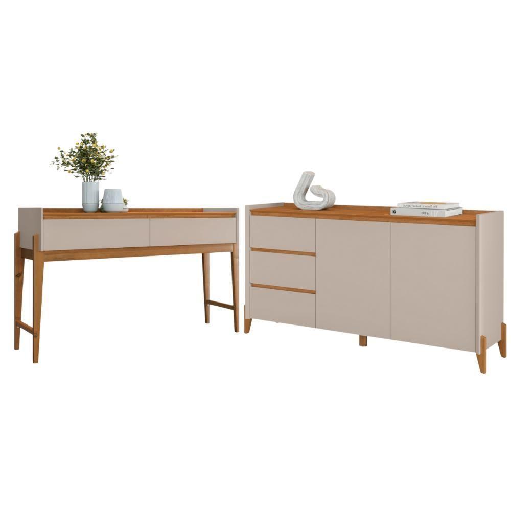 Conjunto Buffet Aparador Para Sala 3 Gavetas Lens Cedro Off White + Aparador Para Sala 2 Gavetas Lens Cedro Off White - 1