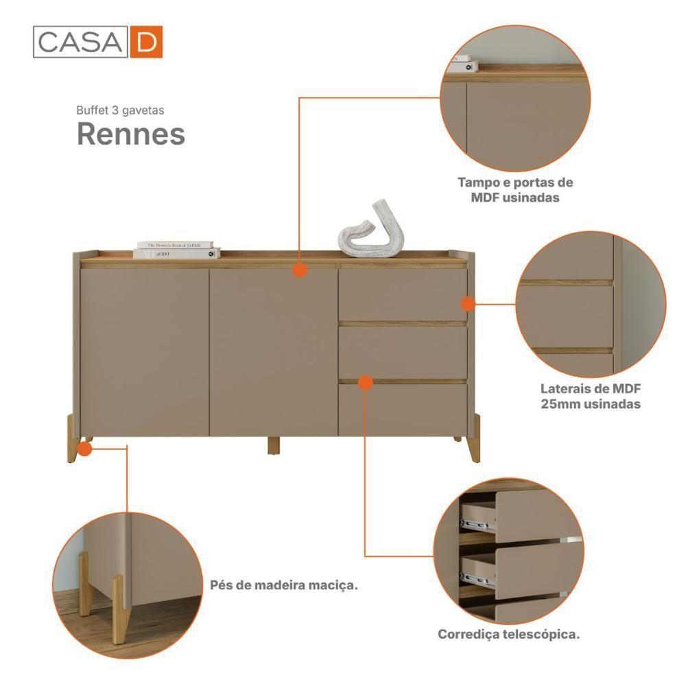 Conjunto Buffet Aparador Para Sala 3 Gavetas Lens Hannover Fendi + Aparador Para Sala 2 Gavetas Hannover Fendi - 9