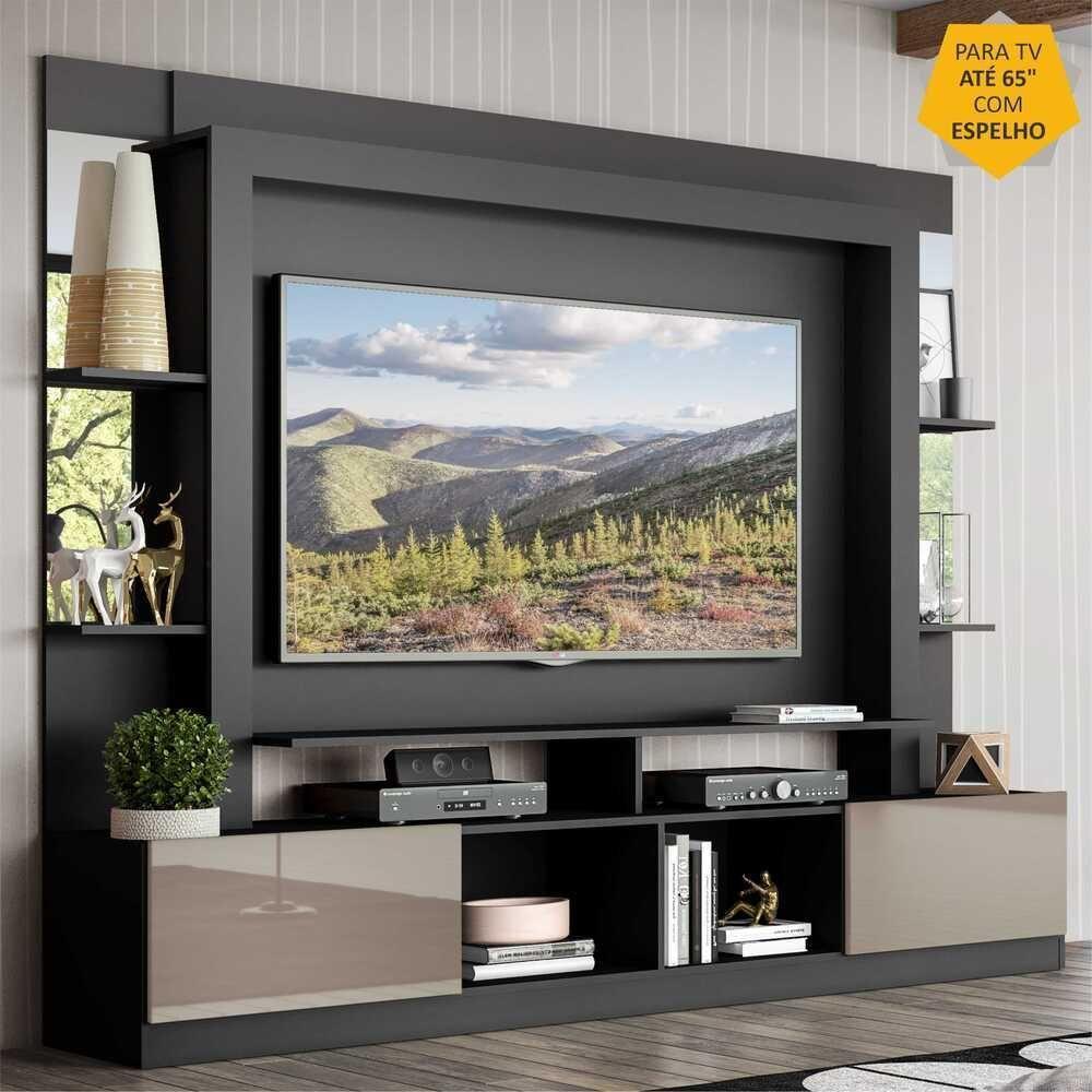 Rack com Painel Tv 65 Prateleiras com Espelho Oslo Preto - 2