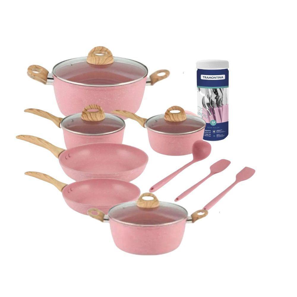 Kit Panelas 9pçs Flamingo Com Faqueiro Tramontina 24pçs Rosa - 1
