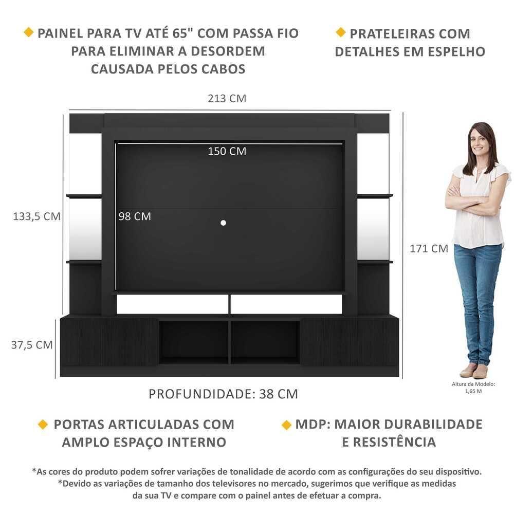 Rack com Painel Tv 65 Prateleiras com Espelho Oslo Preto - 6