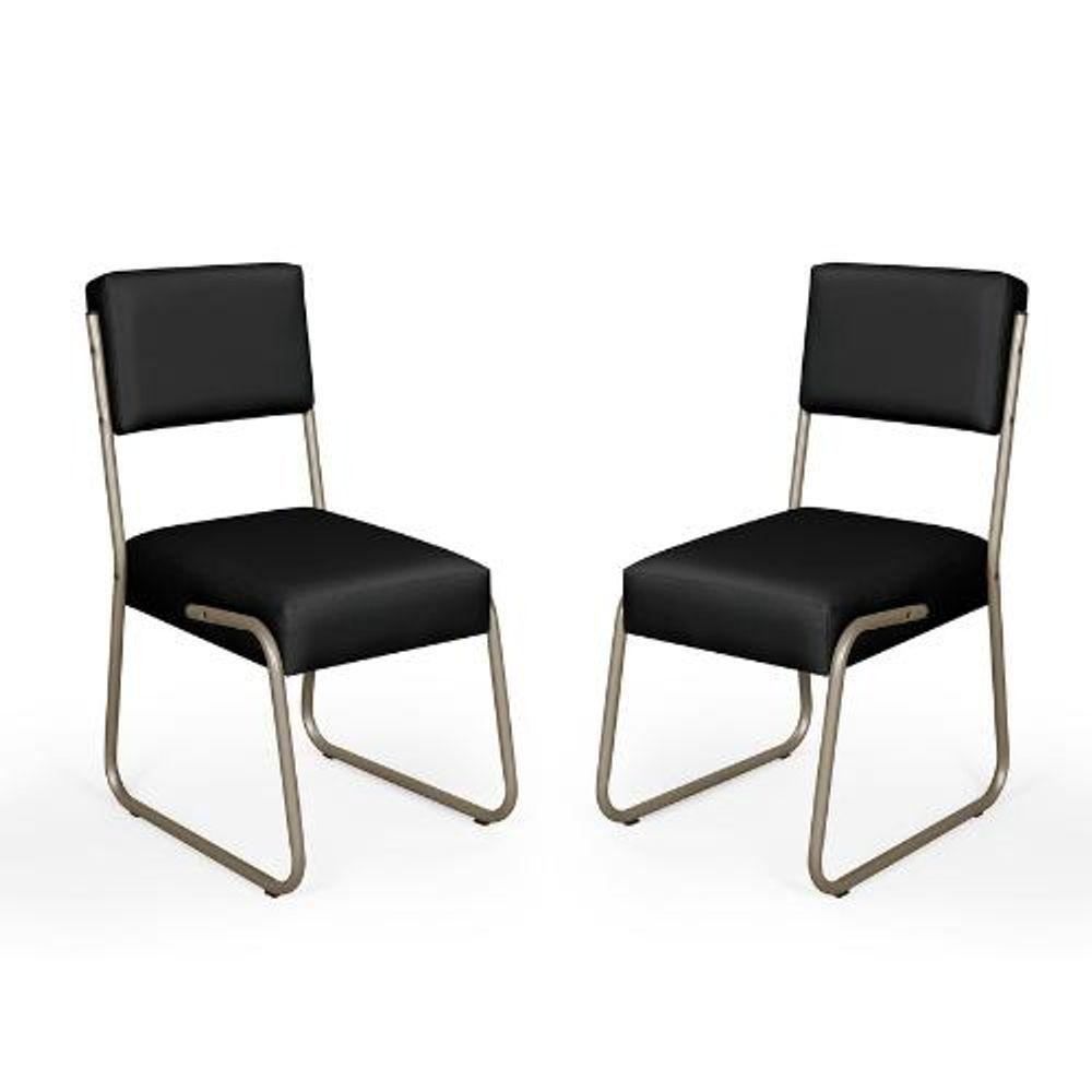 Kit 2 Cadeiras Decorativa Sala De Estar Cozinha Jantar Flórida Couro Sintético Preto Tubo Champagne - 2
