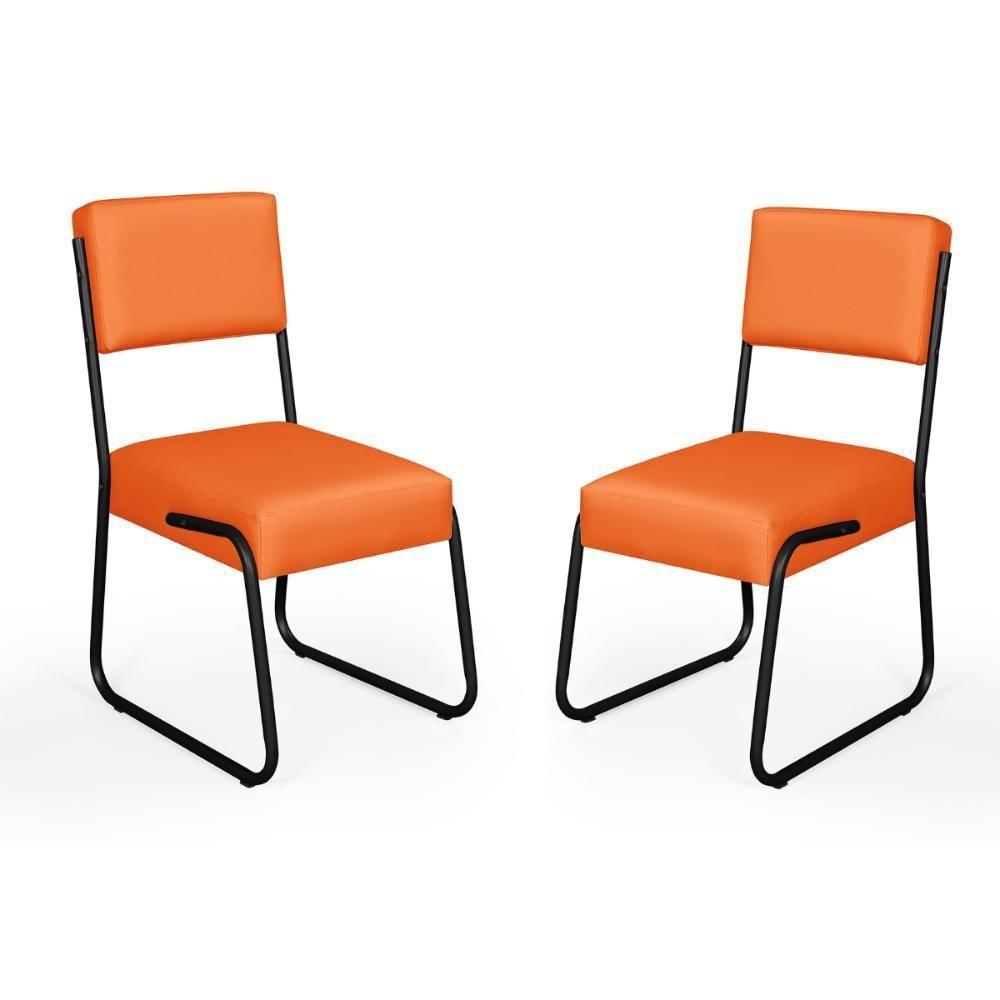 Kit 2 Cadeiras Decorativa Sala De Estar Cozinha Jantar Flórida Couro Sintético Laranja Tubo Preto - 2